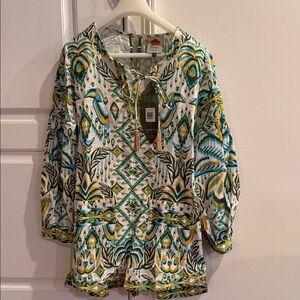 FARM Rio M Teal & Mustard Printed Tie-Neck Romper.